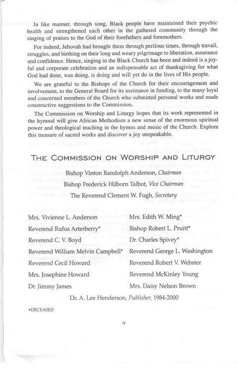 African Methodist Episcopal Church Hymnal page iv