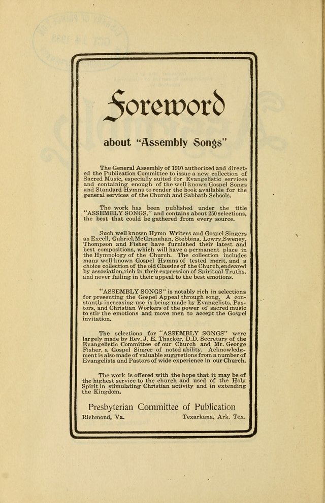 Assembly Songs: for use in evangelistic services, Sabbath schools, young peoples societies, devotional meetings, and the home page 1