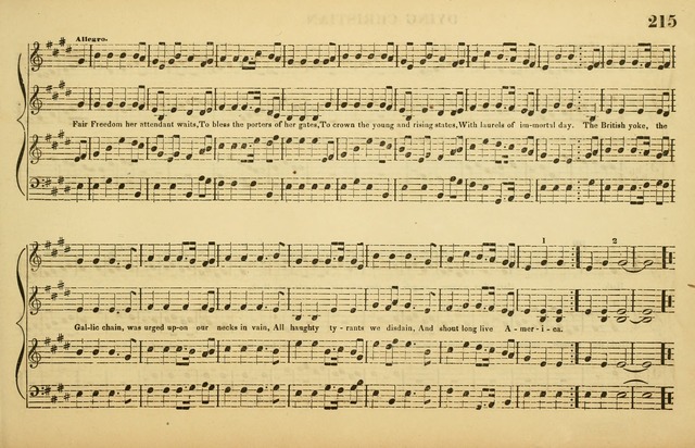 The American Vocalist: a selection of tunes, anthems, sentences, and hymns, old and new: designed for the church, the vestry, or the parlor; adapted to every variety of metre in common use. (Rev. ed.) page 215