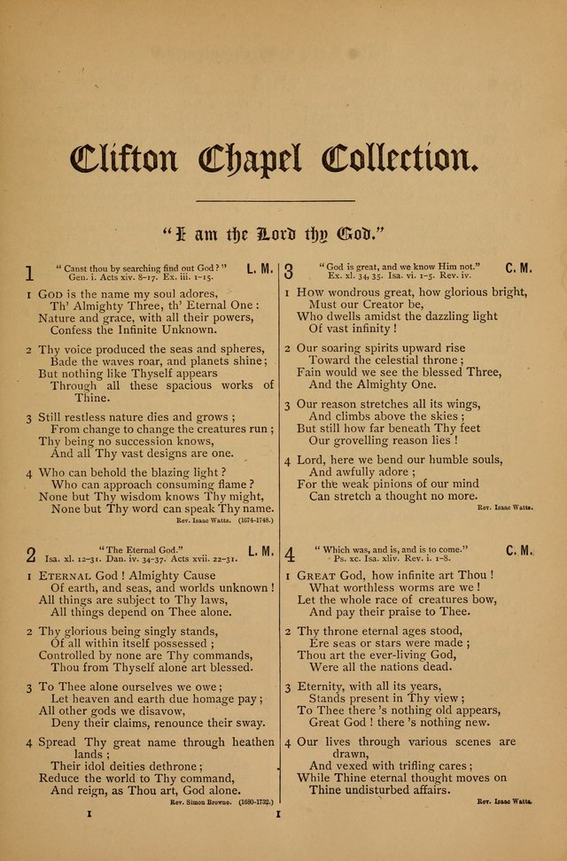 The Clifton Chapel Collection of "Psalms, Hymns, and Spiritual Songs": for public, social and family worship and private devotions at the Sanitarium, Clifton Springs, N. Y. page 1