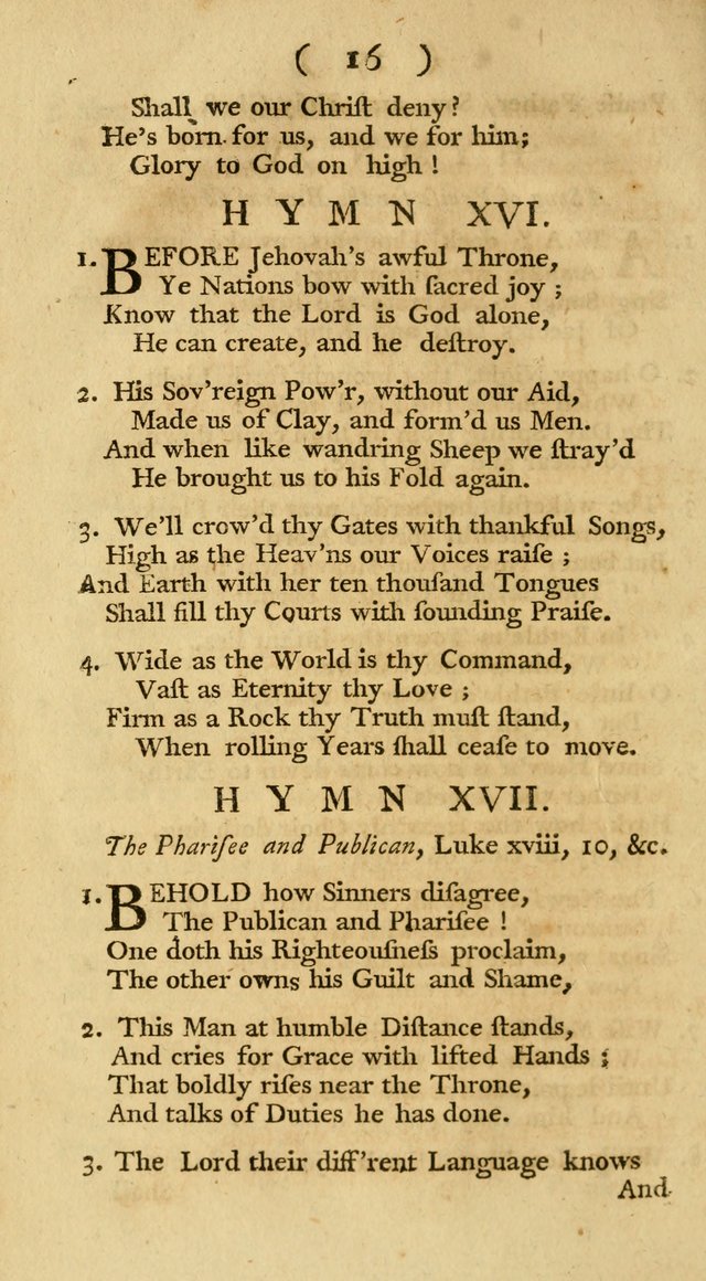 The Christians Duty, exhibited, in a series of Hymns: collected from various authors, designed for the worship of God, and for the edification of Christians (1st Ed.) page 16