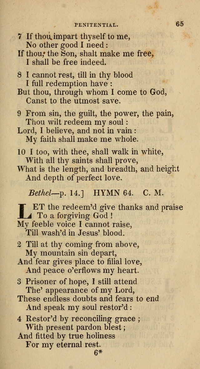 A Collection of Hymns for the Use of the Methodist Episcopal Church: principally from the collection of  Rev. John Wesley, M. A., late fellow of Lincoln College, Oxford; with... (Rev. & corr.) page 65