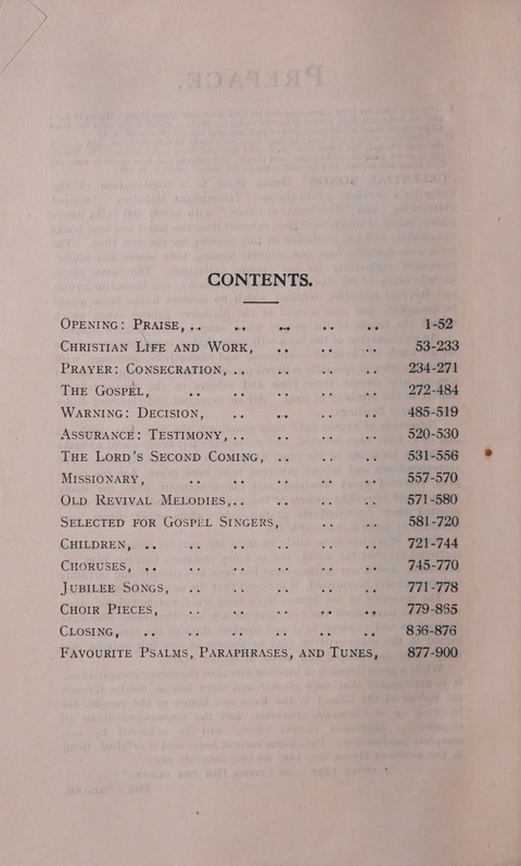 Celestial Songs: a collection of 900 choice hymns and choruses, selected for all kinds of Christian Getherings, Evangelistic Word, Solo Singers, Choirs, and the Home Circle page ix
