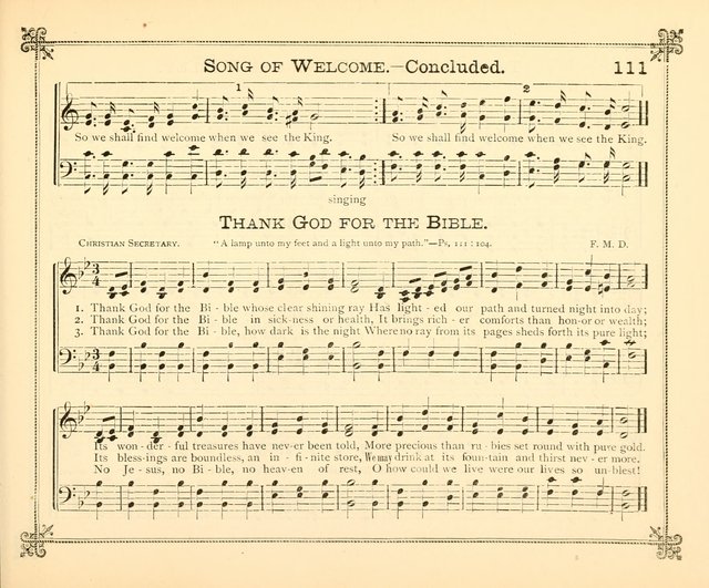 Carols of Joy: choice collection of songs and hymns for the Sunday School, Bible class, and the Home Circle to which has been added an easy method of Rudimental Instruction in Music, for Weekday Study page 111