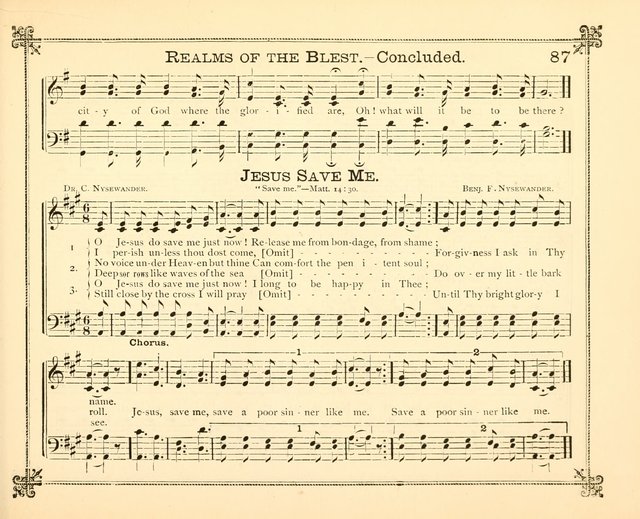 Carols of Joy: choice collection of songs and hymns for the Sunday School, Bible class, and the Home Circle to which has been added an easy method of Rudimental Instruction in Music, for Weekday Study page 87