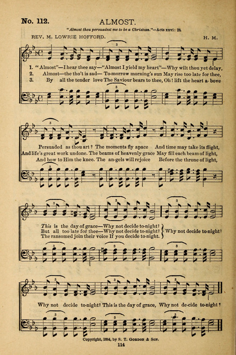 Gospel Melodies: a collection of sacred songs for use in Gospel Meetings, Social Gatheriing, &c., &c. page 114