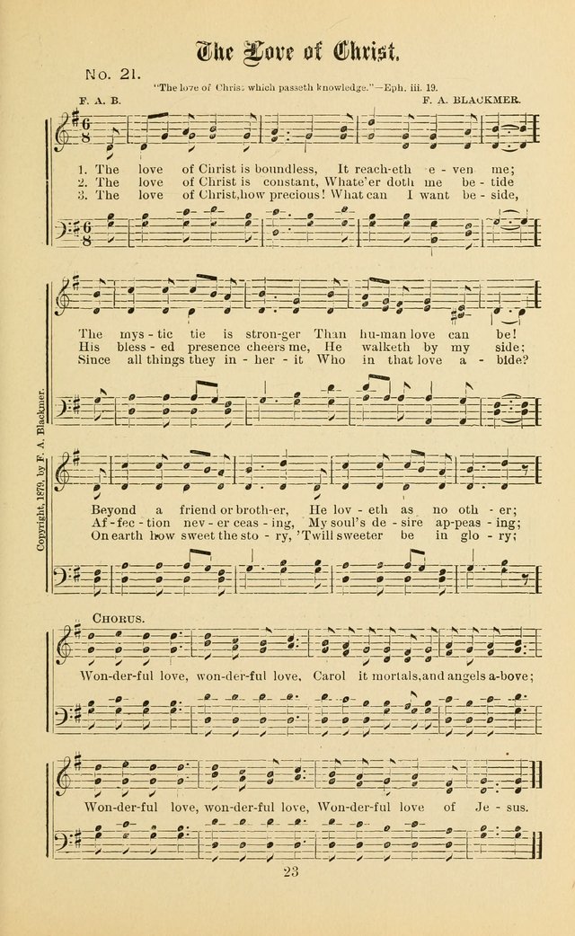 Gospel in Song: a new collection of "hymns and spiritual songs," for use in Sunday schools, praise meetings, prayer meetings, revival meetings, camp meetings and in other places ... page 23