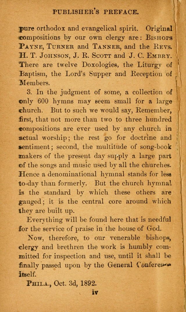 Hymnal: adapted to the doctrines and usages of the African Methodist Episcopal Church. Revised Edition page x