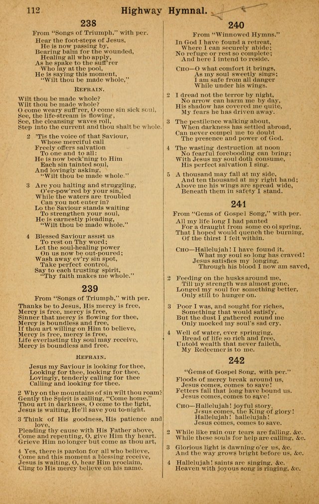 The Highway Hymnal: a choice collection of popular hymns and music, new and old. Arranged for the work in camp, convention, church and home page 112