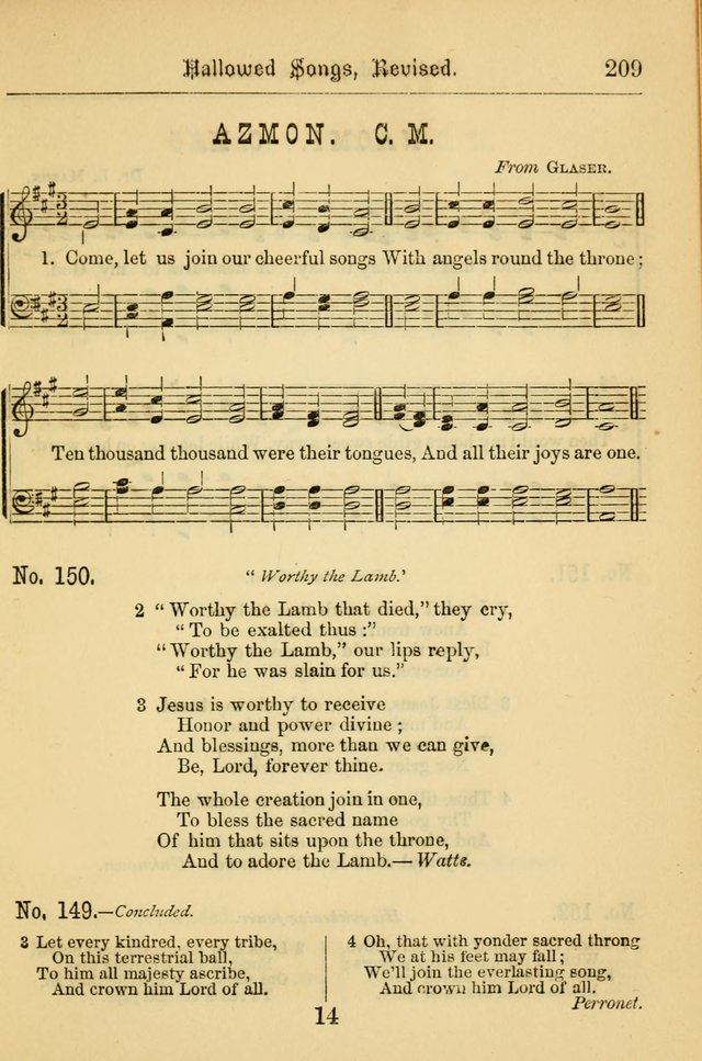 Hallowed Songs: for prayer and social meetings, containing hymns and tunes, carefully selected from all sources, both old and new, and are of the most spiritual..(Newly Revised) page 209