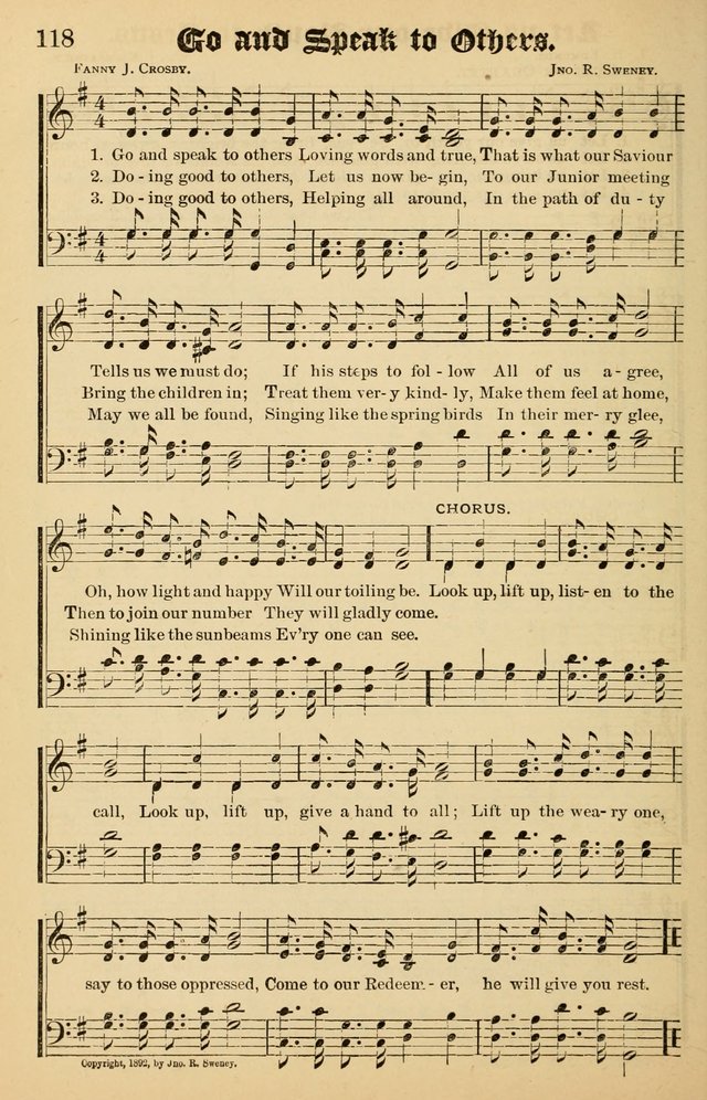 Junior Songs: a collection of sacred hymns and songs; for use in meetings of junior societies, Sunday Schools, etc. page 118