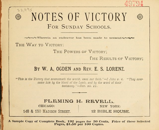 Notes of Victory for Sunday Schools: Wherein an endeavor has been made to present the Way to Victory; the Powers of Victory; the Results of Victory page 1