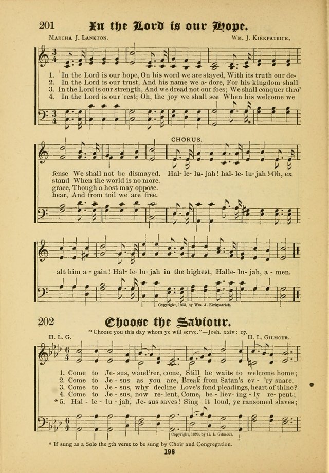 Our Praise in Song: a collection of hymns and sacred melodies, adapted for use by Sunday schools, Endeavor societies, Epworth Leagues, evangelists, pastors, choristers, etc. page 198