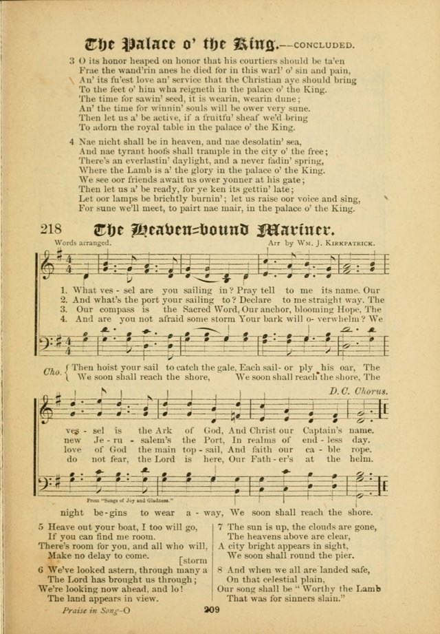 Our Praise in Song: a collection of hymns and sacred melodies, adapted for use by Sunday schools, Endeavor societies, Epworth Leagues, evangelists, pastors, choristers, etc. page 209