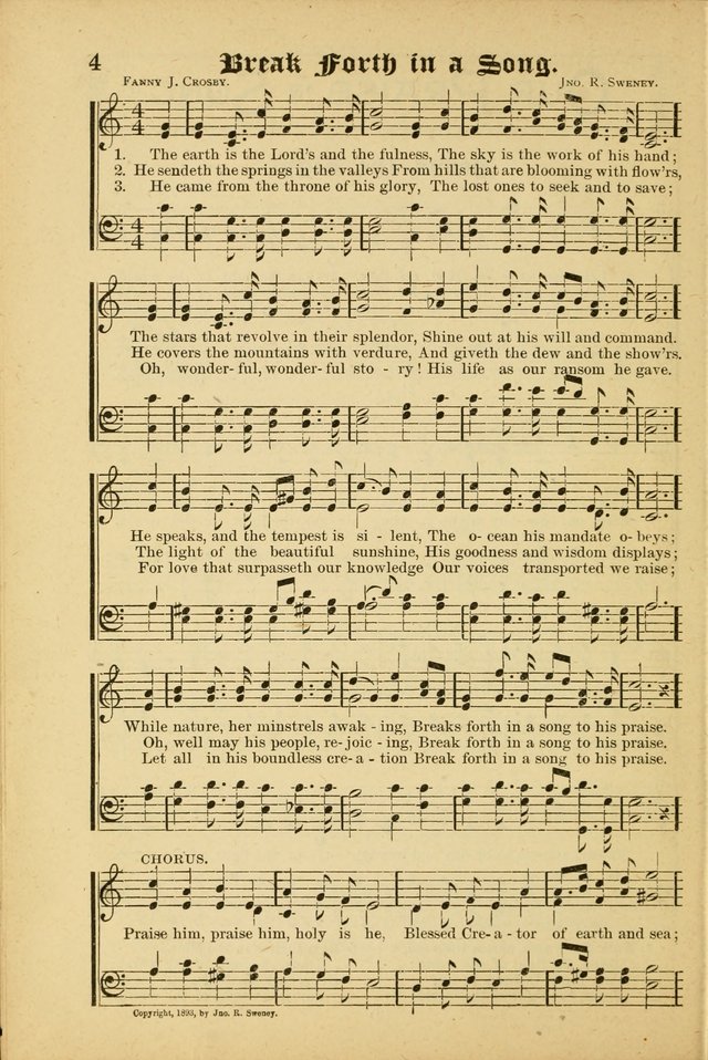 Our Praise in Song: a collection of hymns and sacred melodies, adapted for use by Sunday schools, Endeavor societies, Epworth Leagues, evangelists, pastors, choristers, etc. page 4
