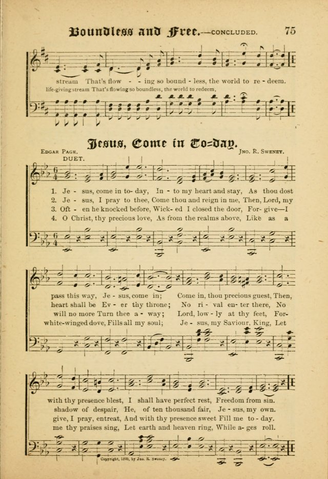 Our Praise in Song: a collection of hymns and sacred melodies, adapted for use by Sunday schools, Endeavor societies, Epworth Leagues, evangelists, pastors, choristers, etc. page 75