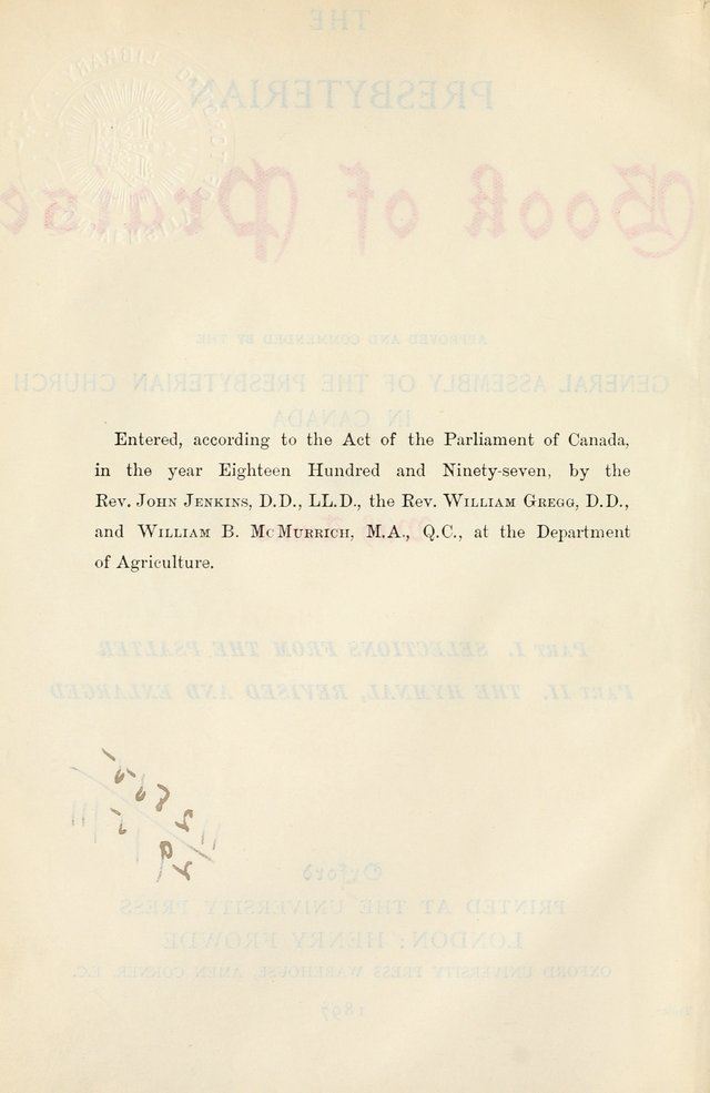 The Presbyterian Book of Praise: approved and commended by the General Assembly of the Presbyterian Church in Canada, with Tunes page viii