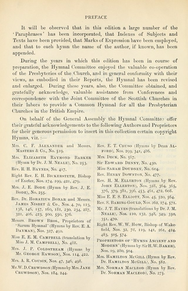 The Presbyterian Book of Praise: approved and commended by the General Assembly of the Presbyterian Church in Canada, with Tunes page xii