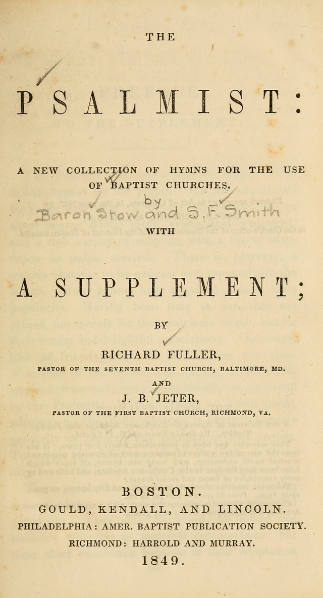 The Psalmist: a new collection of hymns for the use of Baptist churches; with a supplement page vi