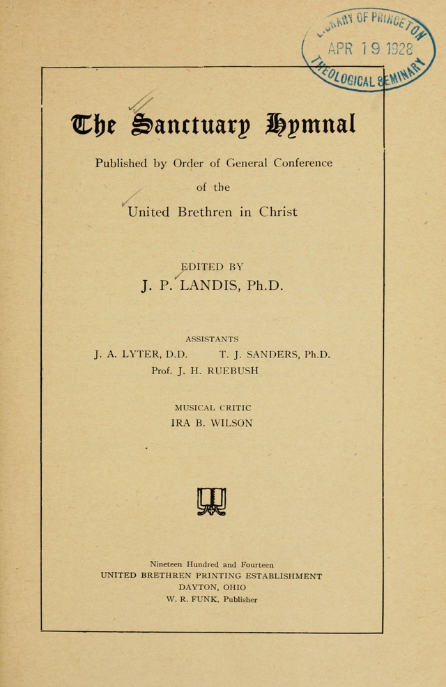 The Sanctuary Hymnal, published by Order of the General Conference of the United Brethren in Christ page v