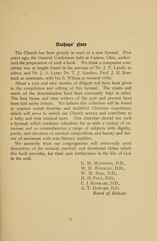The Sanctuary Hymnal, published by Order of the General Conference of the United Brethren in Christ page vii