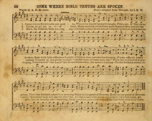 The Sabbath School Bell: a new collection of choice hymns and tunes, original and standard; carefully and simply arranged as solos, duets, trios, semi-choruses and choruses, and for organ..(Enl. Ed) page 54