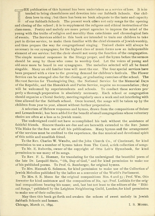 The Sabbath School Hymnal, a collection of songs, services and responses for Jewish Sabbath schools, and homes 4th rev. ed. page vii