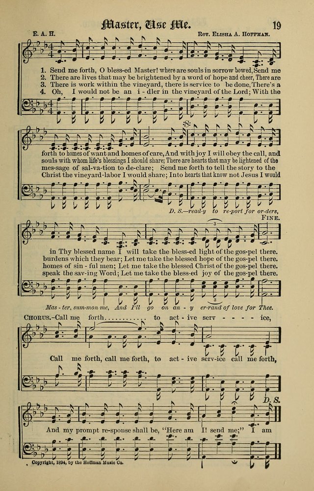 Songs of the Peacemaker: a collection of sacred songs and hymns for use in all services of the church, Sunday-school, home circle, and all kinds of evangelistic work page 19