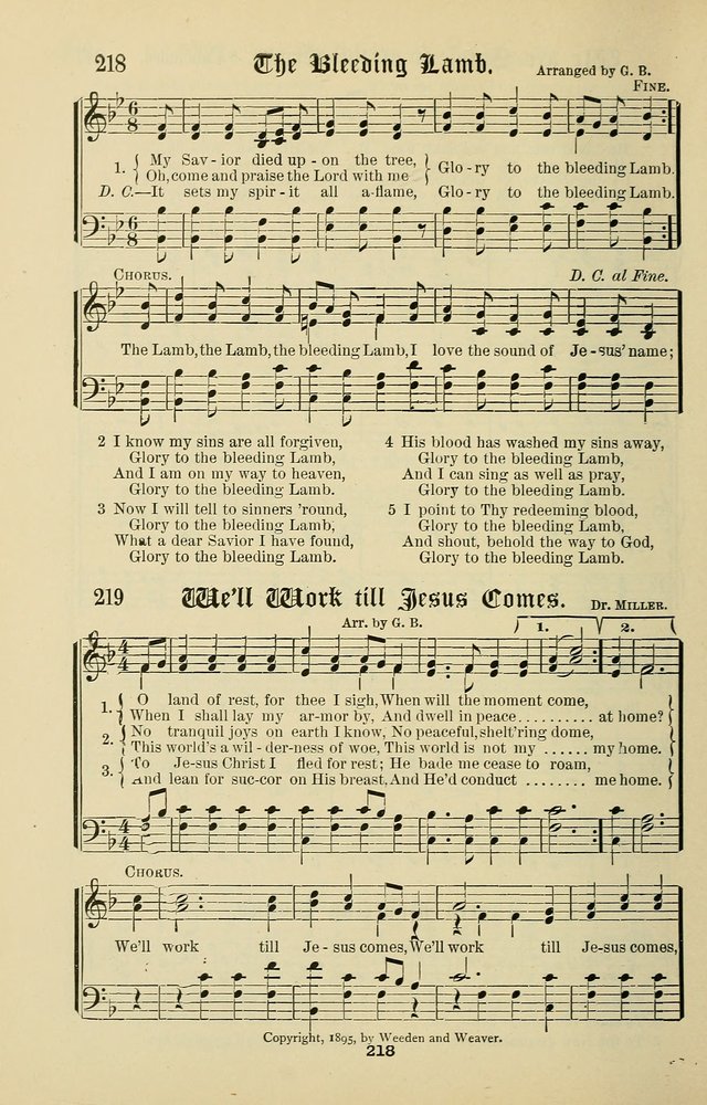 Songs of the Peacemaker: a collection of sacred songs and hymns for use in all services of the church, Sunday-school, home circle, and all kinds of evangelistic work page 218