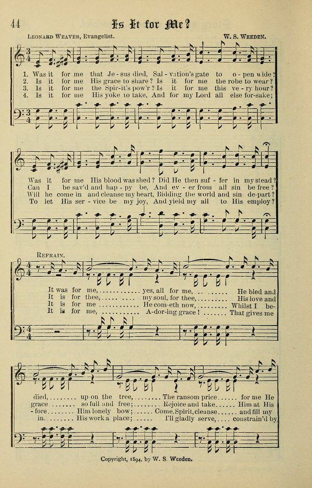 Songs of the Peacemaker: a collection of sacred songs and hymns for use in all services of the church, Sunday-school, home circle, and all kinds of evangelistic work page 44
