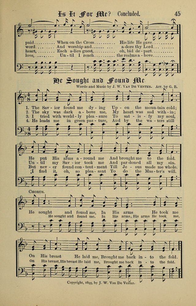 Songs of the Peacemaker: a collection of sacred songs and hymns for use in all services of the church, Sunday-school, home circle, and all kinds of evangelistic work page 45