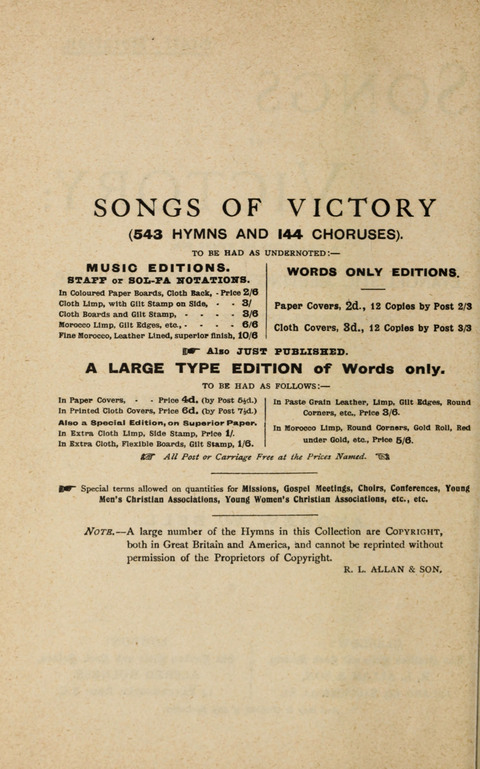 Songs of Victory: for evangelistic meetings, conferences, the home circle, and Christian worship. Along with a selection of choruses page v