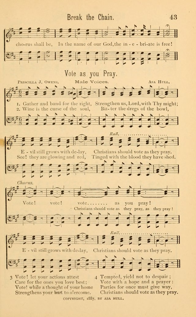 Temperance Rallying Songs: consisting of a large variety of solos, quartettes, and choruses, suited to every phase of the great temperance reformation page 43