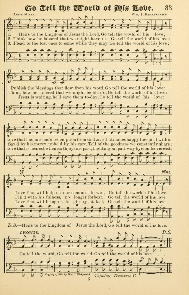 Unfading Treasures: a compilation of sacred songs and hymns, adapted for use by Sunday schools, Epworth Leagues, endeavor societies, pastors, evangelists, choristers, etc. page 33
