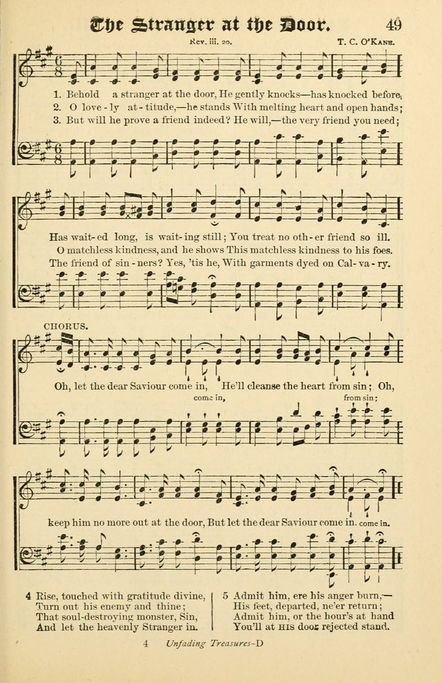 Unfading Treasures: a compilation of sacred songs and hymns, adapted for use by Sunday schools, Epworth Leagues, endeavor societies, pastors, evangelists, choristers, etc. page 49