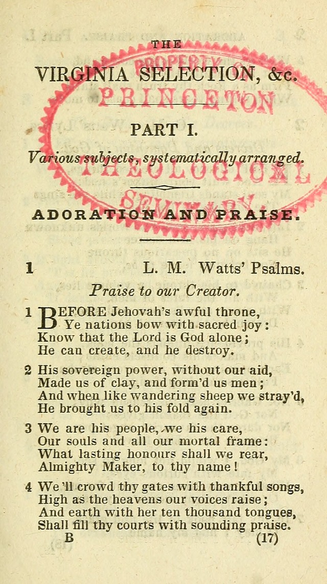 The Virginia Selection of Psalms and Hymns and Spiritual Songs: from the most approved authors; adapted to the various occasions of public and social meetings (New Ed. Enl. and Imp.) page 17
