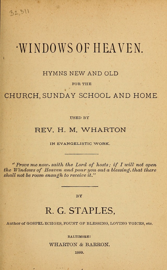 Windows of Heaven: hymns new and old for the church, Sunday school and home used by Rev. H.M. Wharton in evangelistic work page 1